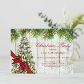 クリスマスパーティー | ツリー素朴と赤のリボン 招待状 (スタンド正面)