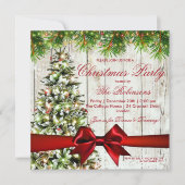 クリスマスパーティー | ツリー素朴、ライト、および赤リボン 招待状 (正面)