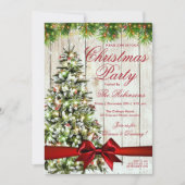 クリスマスパーティー | ツリー素朴、ライト、および赤リボン 招待状 (正面)