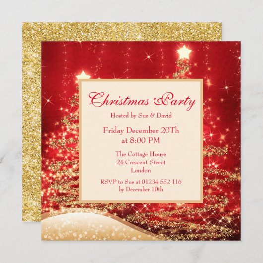 クリスマスパーティー ツリー 赤 グリッター付き 招待状 (正面/裏面)