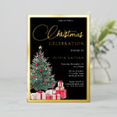 クリスマスパーティー ブラックオフィス 祭りのもみの木 ゴールド 箔招待状 (立ち正面)