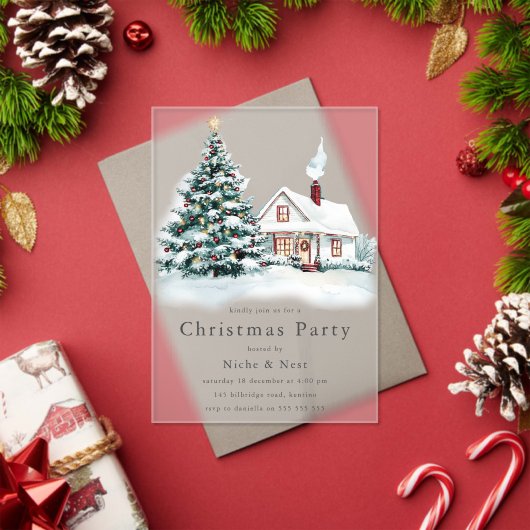 クリスマスパーティー 企業パーティー クリスマスの木と家 アクリル招待状 (インサイチュ (クリスマス))
