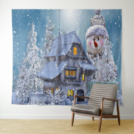 クリスマスパーティー 冬 白い雪だるま 青いラスティック タペストリー
