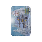 クリスマスパーティー 冬 白い雪だるま 青いレトロ風 バスマット (正面縦)