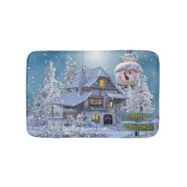 クリスマスパーティー 冬 白い雪だるま 青いレトロ風 バスマット
