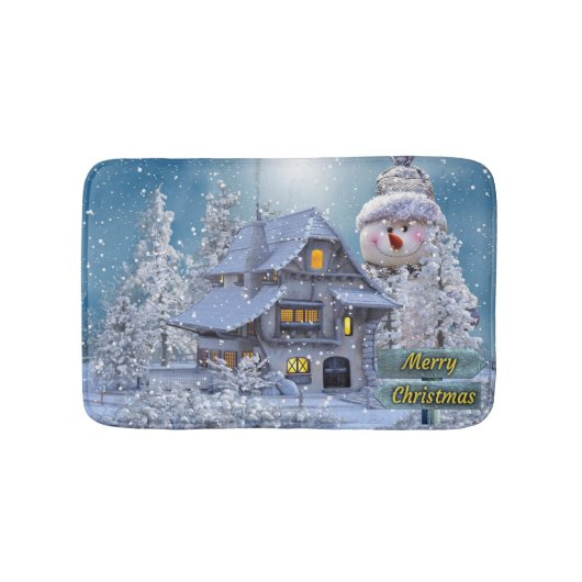 クリスマスパーティー 冬 白い雪だるま 青いレトロ風 バスマット (正面)