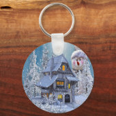 クリスマスパーティー 冬 白い雪だるま 青いレトロ キーホルダー (正面)
