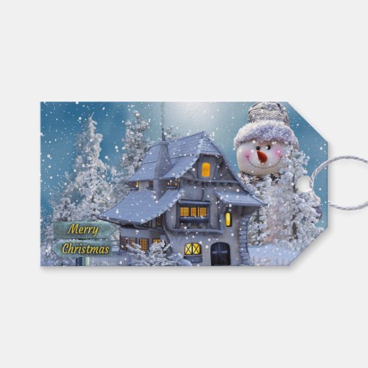 クリスマスパーティー 冬 白い雪だるま 青いレトロ ギフトタグ (正面(横))