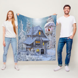 クリスマスパーティー 冬 白い雪だるま 青いレトロ フリースブランケット