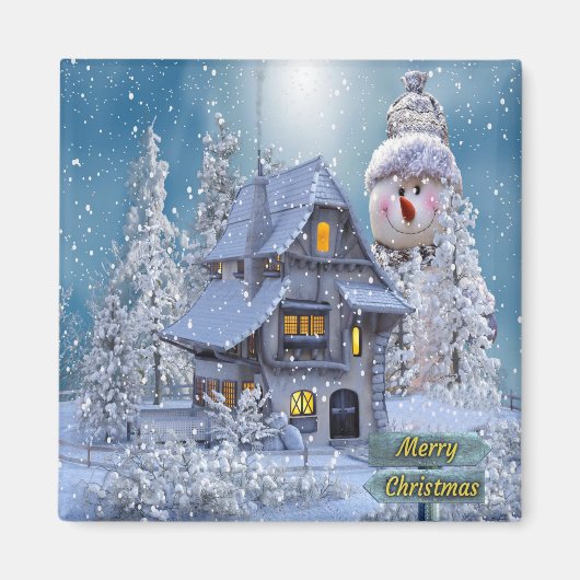 クリスマスパーティー 冬 白い雪だるま 青いレトロ マグネット (正面)