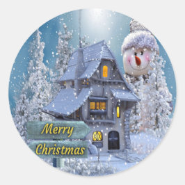 クリスマスパーティー 冬 白い雪だるま 青いレトロ ラウンドシール