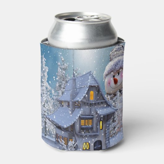 クリスマスパーティー 冬 白い雪だるま 青いレトロ 缶クーラー (缶正面)