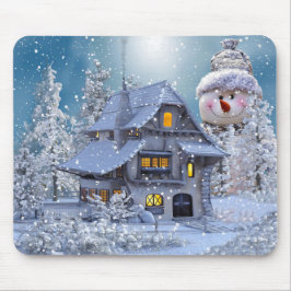 クリスマスパーティー 冬 白い雪だるま 青 マウスパッド