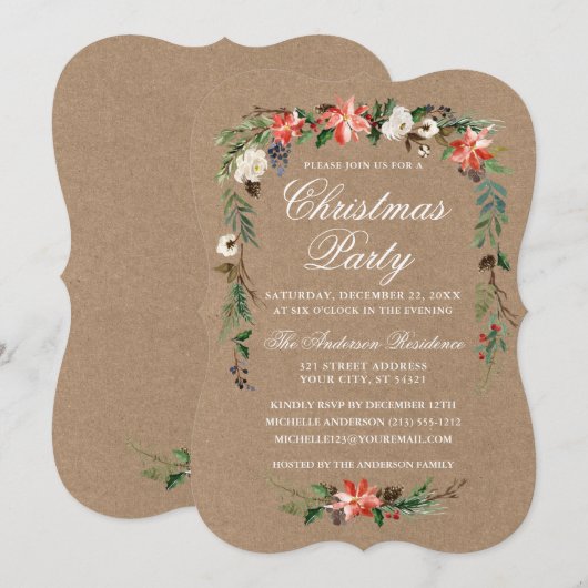 クリスマスパーティー 水彩 ポインセチア クラフト 招待状 (正面/裏面)