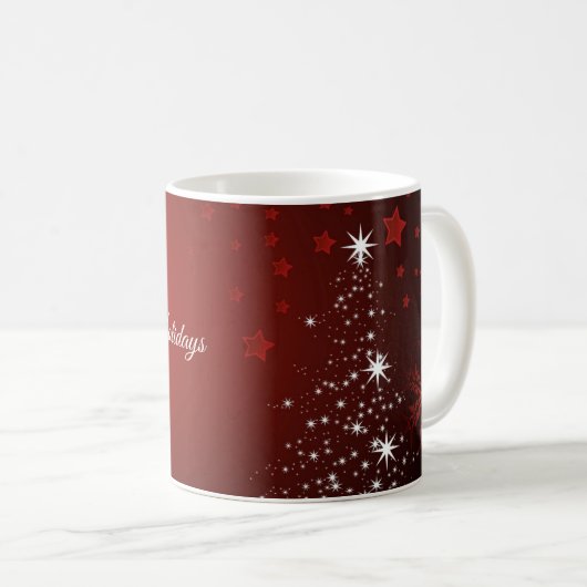 クリスマスパーティー 白い星 クリスマスの木 赤い雪の結晶 コーヒーマグカップ (正面右)