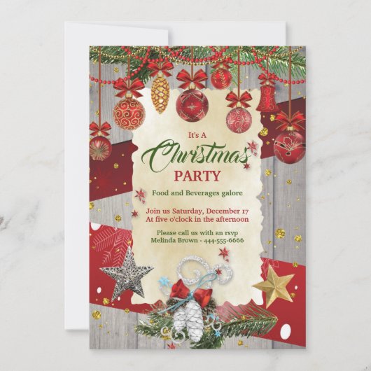 クリスマスパーティー 赤いクリスマスオーナメント 招待状 (正面)