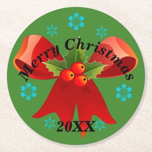 クリスマスパーティー(赤いクリスマスリボン)コースター ラウンドペーパーコースター (正面)