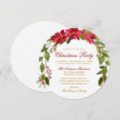 クリスマスパーティー 赤いポインセチアの花の丸いデザイン 招待状 (正面/裏面)