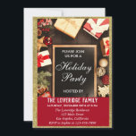 クリスマスパーティー 赤と金のグリッター 招待状<br><div class="desc">ホリデーシーズンのパーティー招待状。金色のグリッターが輝く枠と、赤いプレゼントにリボンが飾られた、古びた茶色の木の黒い黒板。パーティーの詳細は、白い文字で明るい赤い背景に書かれている。完璧なホリデー/クリスマス/冬の招待状！</div>