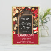 クリスマスパーティー 赤と金のグリッター 招待状 (スタンド正面)