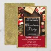 クリスマスパーティー 赤と金のグリッター 招待状 (正面/裏面)