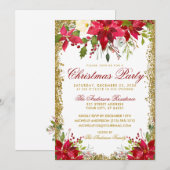 クリスマスパーティー 赤 ゴールド グリッター ポインセチア 花 招待状 (正面/裏面)