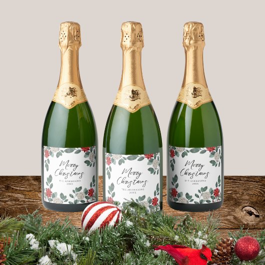 クリスマスパーティー 赤 緑 花柄 スパークリングワインラベル