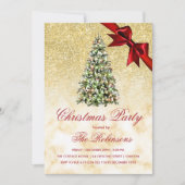 クリスマスパーティー | 金ゴールドマーブルツリーと赤いリボン 招待状 (正面)