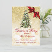 クリスマスパーティー | 金ゴールドマーブルツリーと赤いリボン 招待状 (スタンド正面)