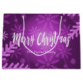 クリスマスパープルの雪の結晶の家族の名前 ラージペーパーバッグ (正面)