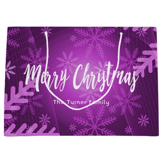 クリスマスパープルの雪の結晶の家族の名前 ラージペーパーバッグ (正面)