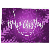 クリスマスパープルの雪の結晶の家族の名前 ラージペーパーバッグ (裏面)