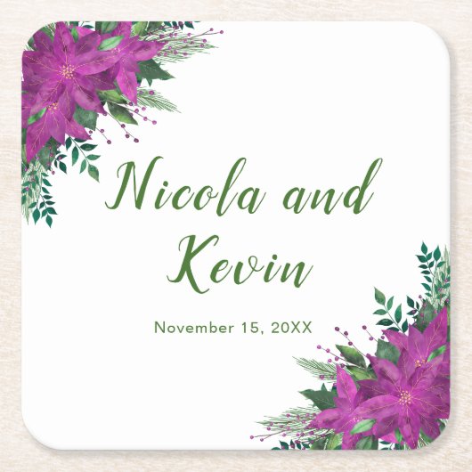 クリスマスパープルポインセチア結婚花 スクエアペーパーコースター (正面)