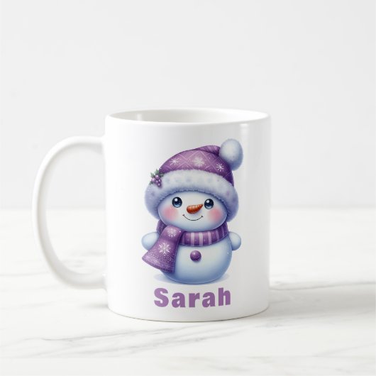 クリスマスパープル雪だるま名前をカスタムする コーヒーマグカップ (左)