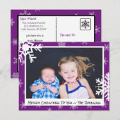 クリスマスパープル雪片ファミリーフォトカード ポストカード (正面/裏面)