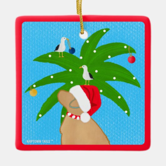 クリスマスパームの木を飾るサンタゴールデンドッグ セラミックオーナメント (正面)