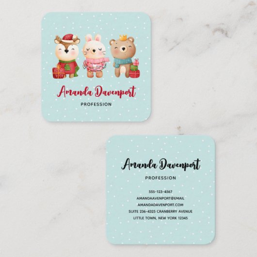 クリスマスパール – トナカイのクマ&ウサギ スクエア名刺 (正面/裏面)