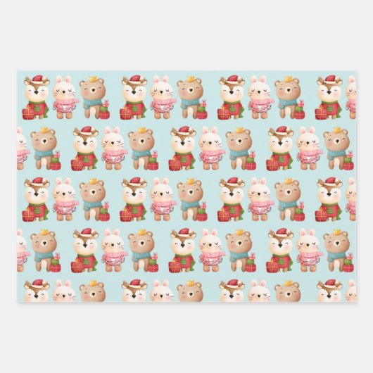クリスマスパール – トナカイのクマ&ラビットパターン ラッピングペーパーシート (正面)
