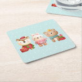 クリスマスパール – トナカイ、クマ&ウサギ スクエアペーパーコースター (アングル)