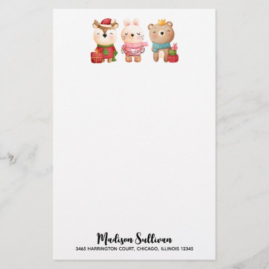 クリスマスパール – トナカイ、クマ&ウサギ 便箋 (正面)