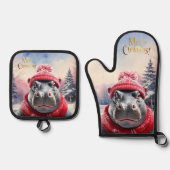 クリスマスヒッポサンタハットとスカーフ 鍋つかみ&鍋敷きセット (正面)