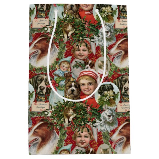 クリスマスビクトリアンの猫と犬がコラージュを壊す  ミディアムペーパーバッグ (正面)