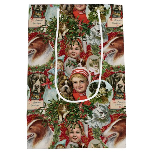 クリスマスビクトリアンの猫と犬がコラージュを壊す  ミディアムペーパーバッグ (裏面)