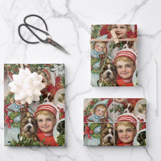 クリスマスビクトリアンの猫と犬のコラージュ ラッピングペーパーシート (正面)