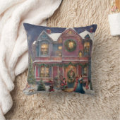 クリスマスビクトリアンイブの家、女性、子供 クッション (ブランケット)