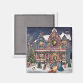 クリスマスビクトリアンイブの家、女性、子供 マグネット (正面/裏面)