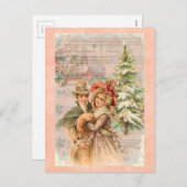 クリスマスビクトリアンカップルのプレゼント シーズンポストカード (正面/裏面)