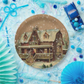 クリスマスビクトリアンコテージインウィンターイラストレーション ペーパープレート (パーティー)