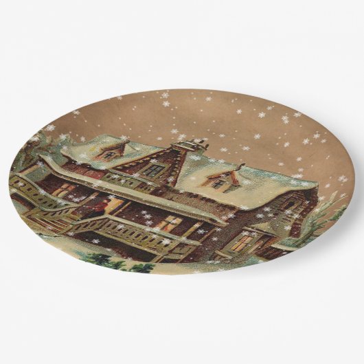 クリスマスビクトリアンコテージインウィンターイラストレーション ペーパープレート (アングル)