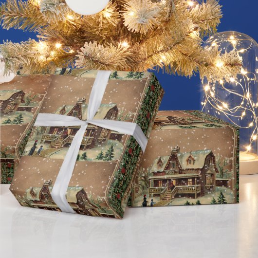 クリスマスビクトリアンコテージインウィンターイラストレーション ラッピングペーパー (クリスマス)